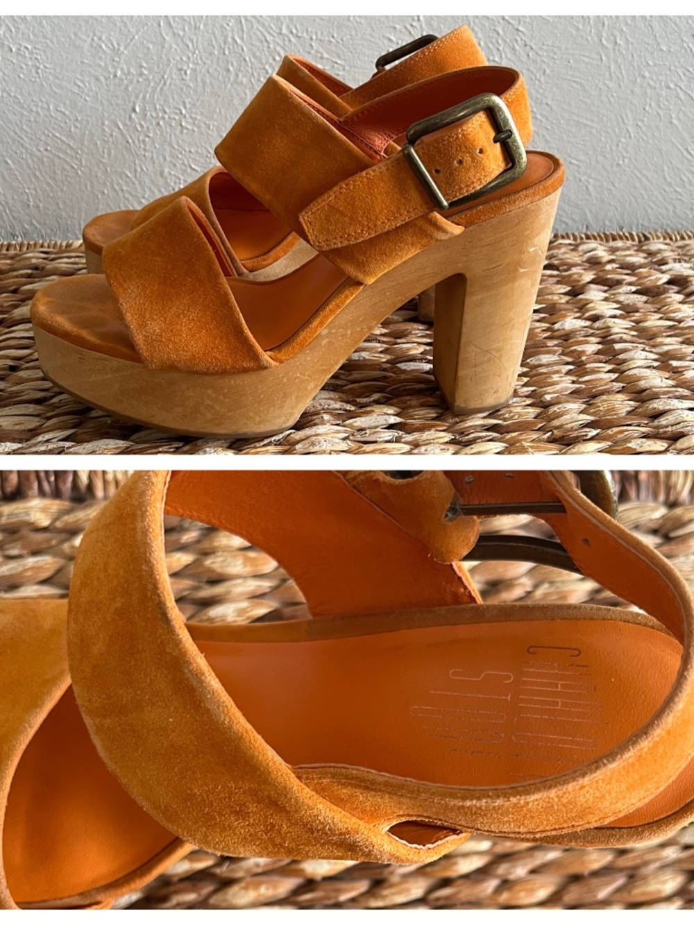 Charlotte Stone platform sandals heels tangerine orange suede leather 8